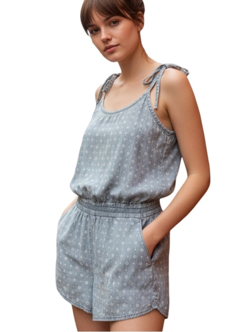 Level 99 Printed Denim Tie-Shoulder Romper xs